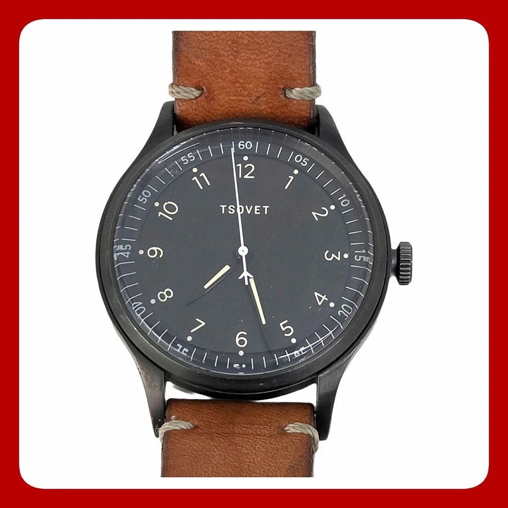 Tsovet JPT-PW36 Field Watch Unisex 36mm Black Face Brown Leather Strap Minimalis